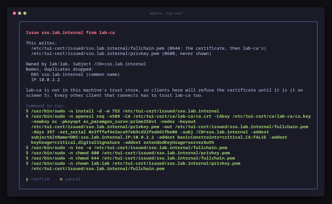 tui-cert's confirm dialog for issuing sso.lab.internal from lab-ca, with the names, the owner and the openssl command lines