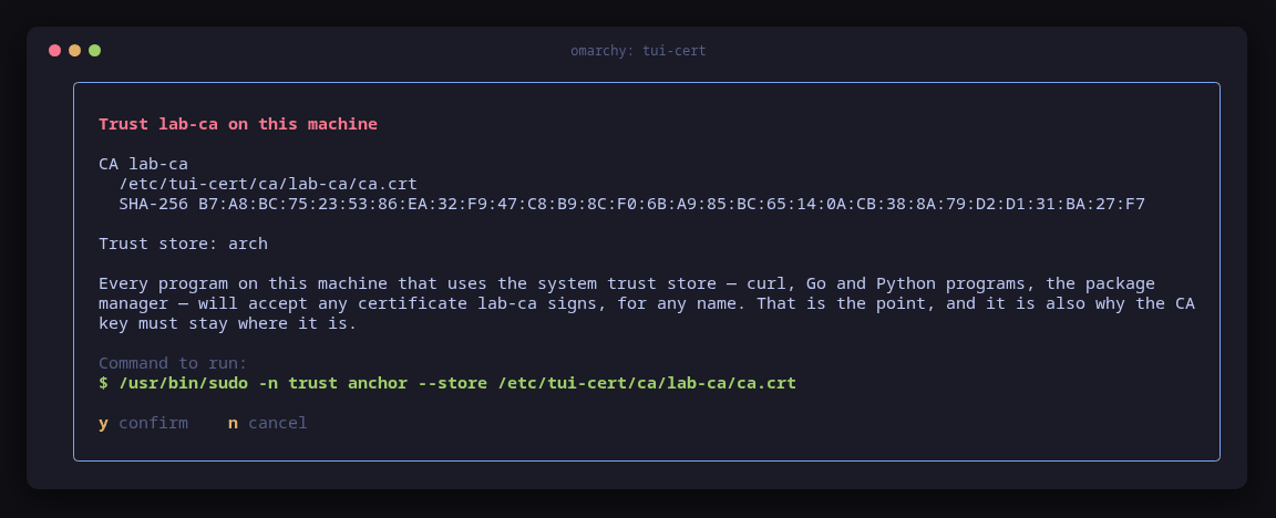 tui-cert's dialog on Omarchy Server for trusting lab-ca with trust anchor --store