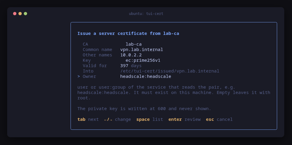 tui-cert's form for issuing a server certificate for vpn.lab.internal, owned by headscale:headscale