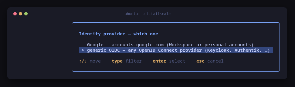 tui-tailscale's identity provider picker with generic OIDC selected