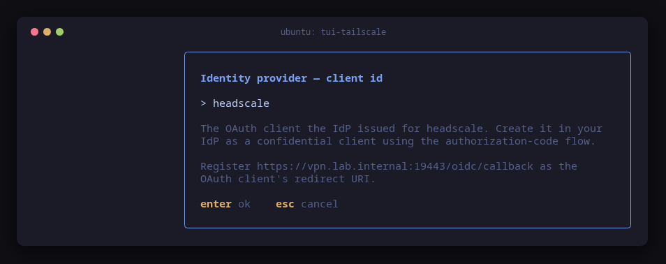 tui-tailscale's client id step with headscale typed and the redirect URI to register