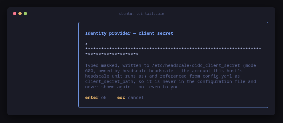 tui-tailscale's client secret step with the value masked by asterisks