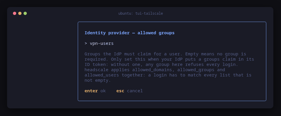 tui-tailscale's allowed groups step with vpn-users typed and the explanation of how the allow lists combine
