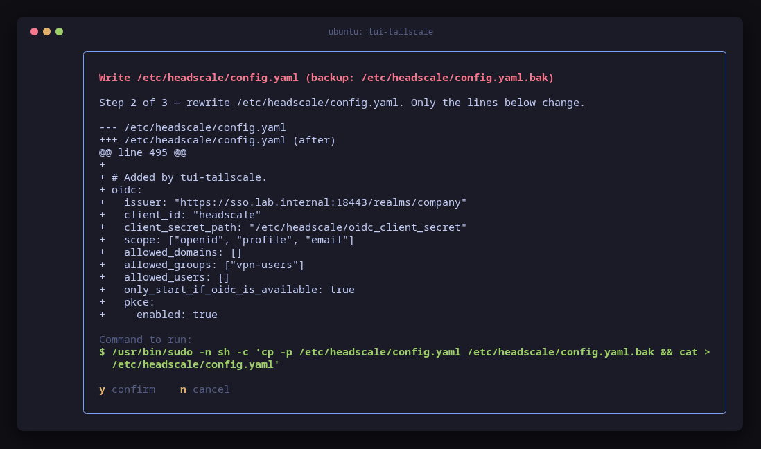 tui-tailscale's diff adding the indented oidc block with issuer, client id, secret path, scope and allowed_groups vpn-users
