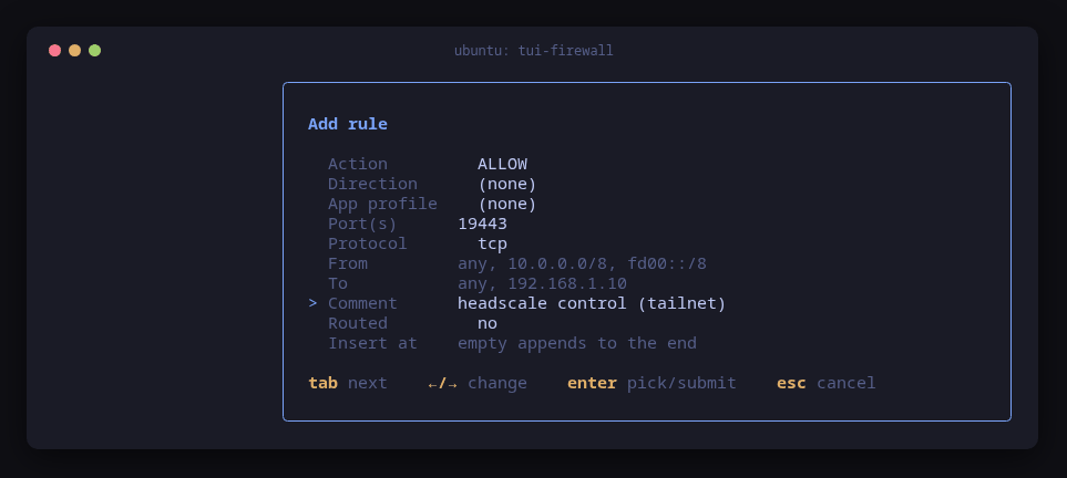tui-firewall's add rule form for port 19443 tcp with the comment headscale control (tailnet)