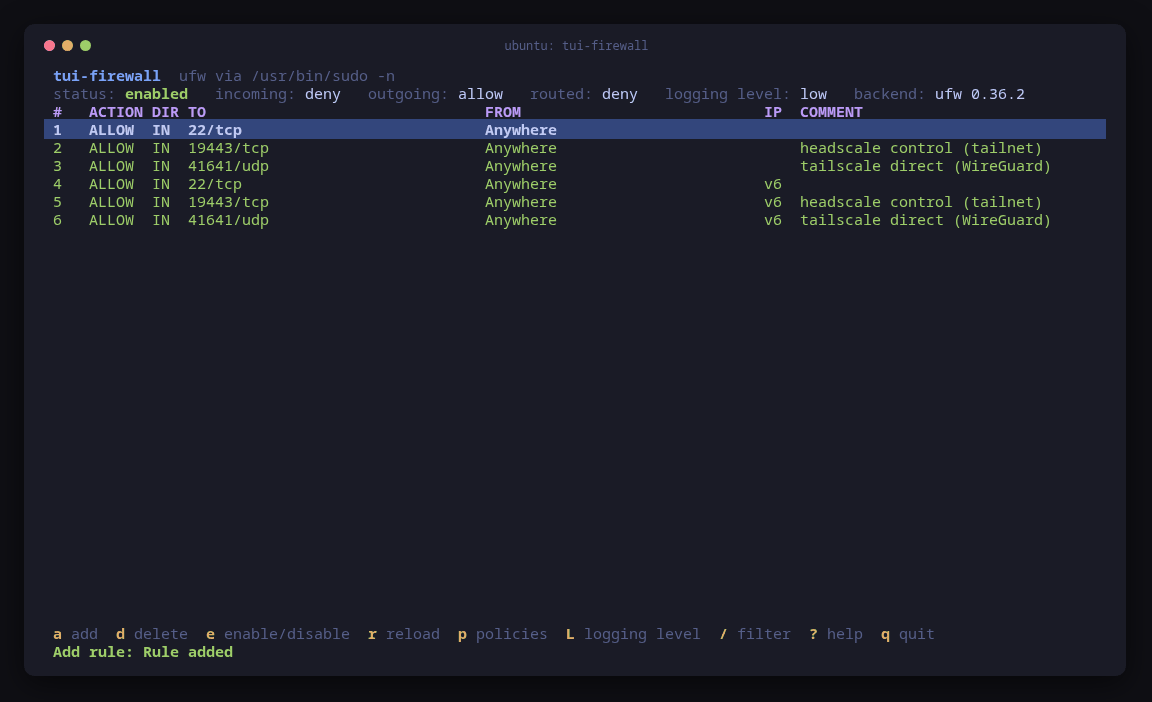 tui-firewall's ufw rule list with 19443/tcp and 41641/udp allowed