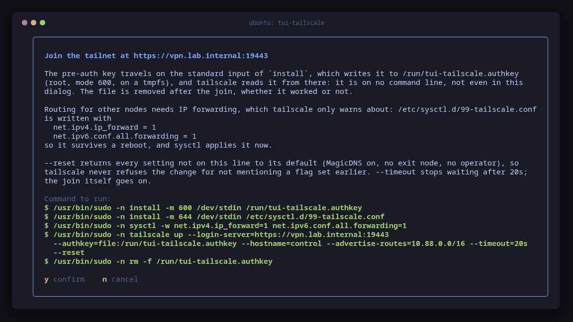 tui-tailscale's join dialog for the control plane with the key file, sysctl settings and tailscale up command