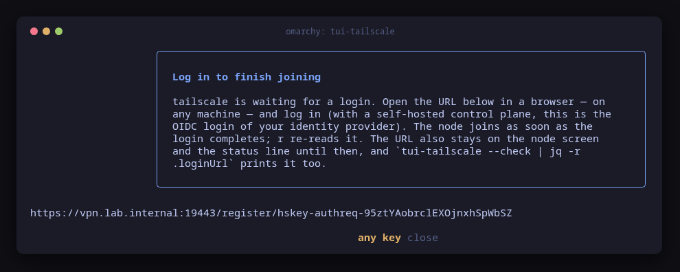 tui-tailscale's log in to finish joining dialog with the registration URL printed below it