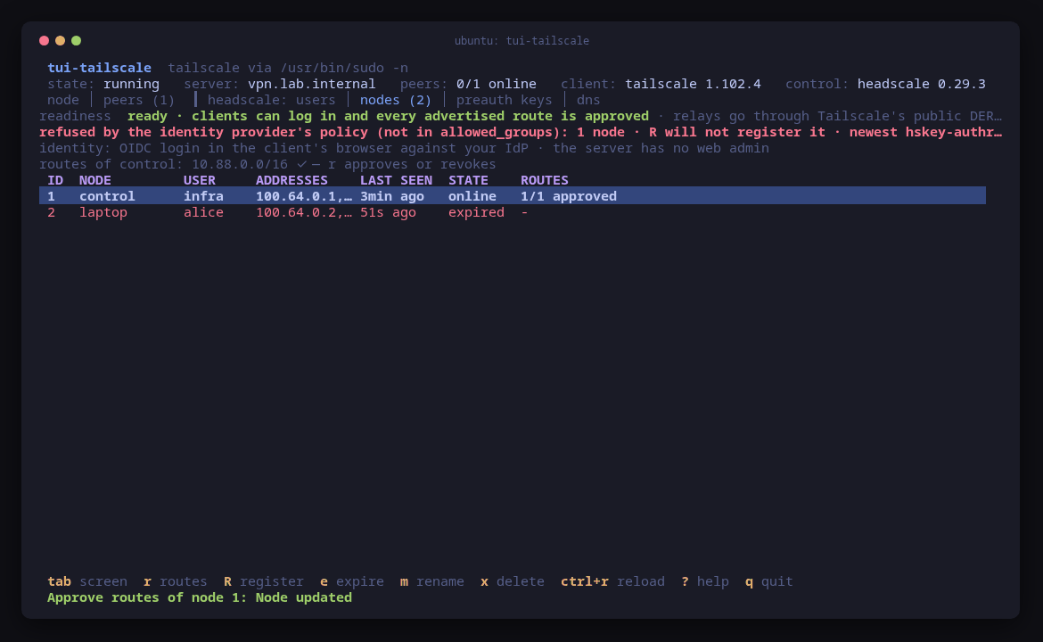 tui-tailscale's nodes screen with a red line saying a node was refused by the identity provider's policy and R will not register it
