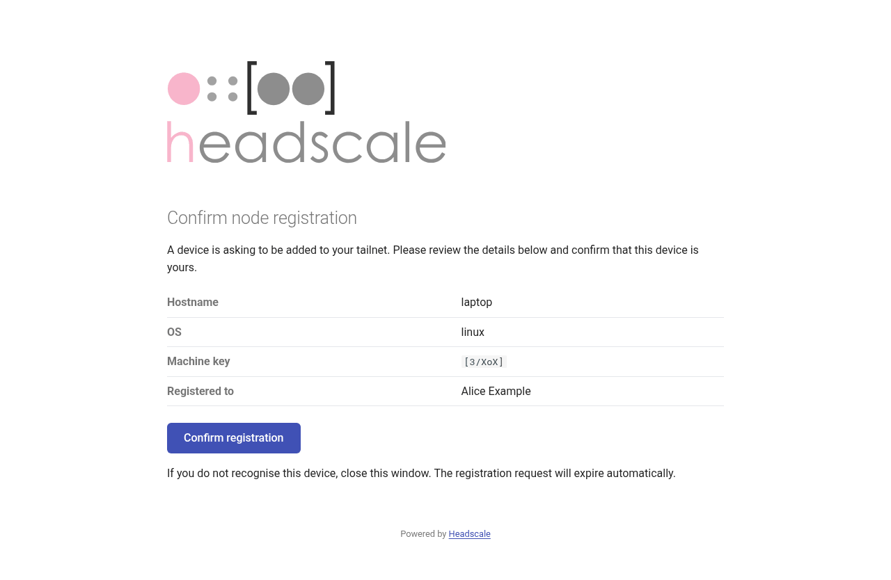 Headscale's confirm node registration page for hostname laptop, registered to Alice Example