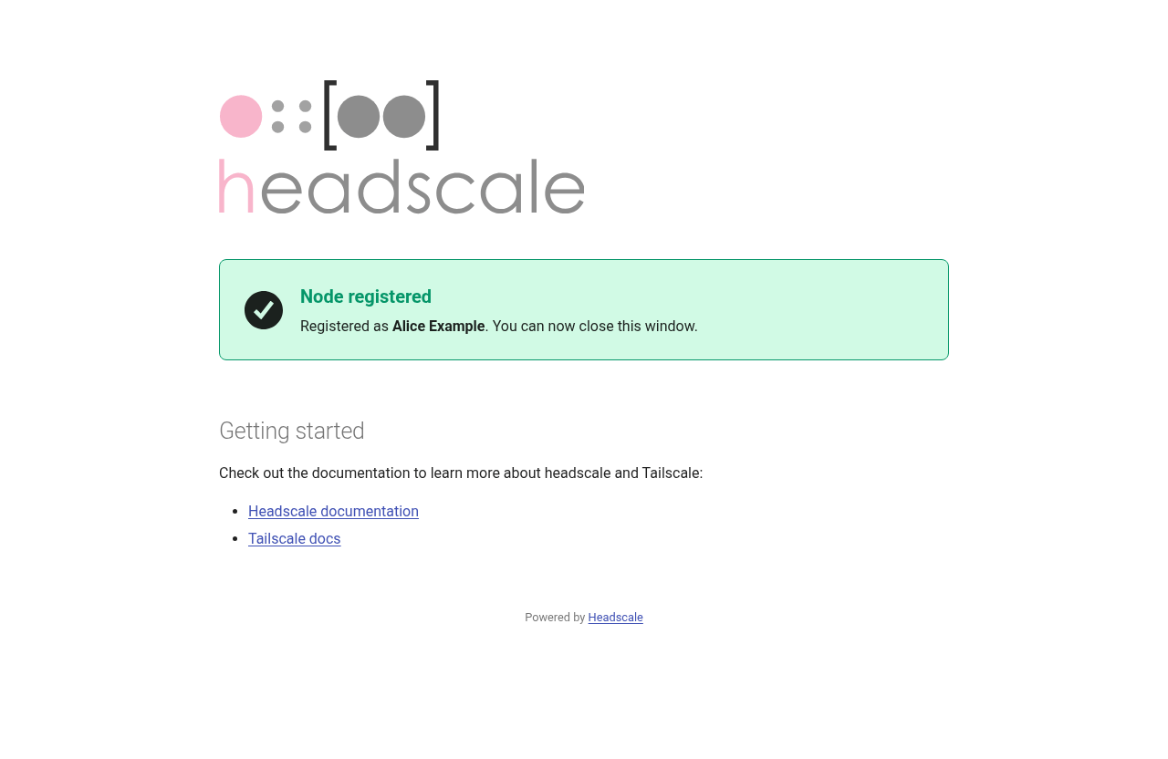 Headscale's node registered page for Alice Example