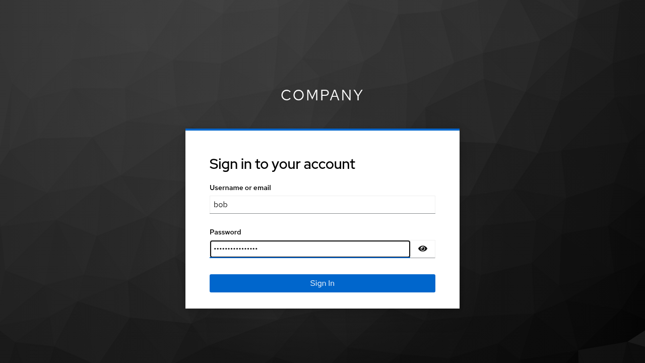 Keycloak's sign in page for the Company realm with the username bob and a masked password
