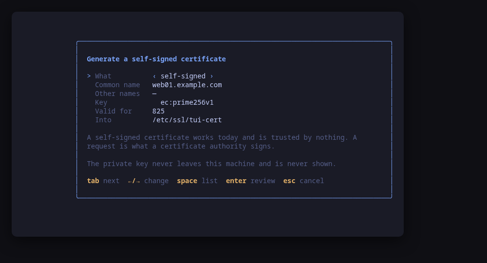 Generating a self-signed certificate or a signing request, one field at a time