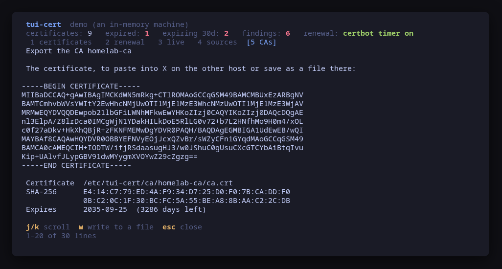 Exporting a local CA: the PEM to paste on the other host, and its fingerprint