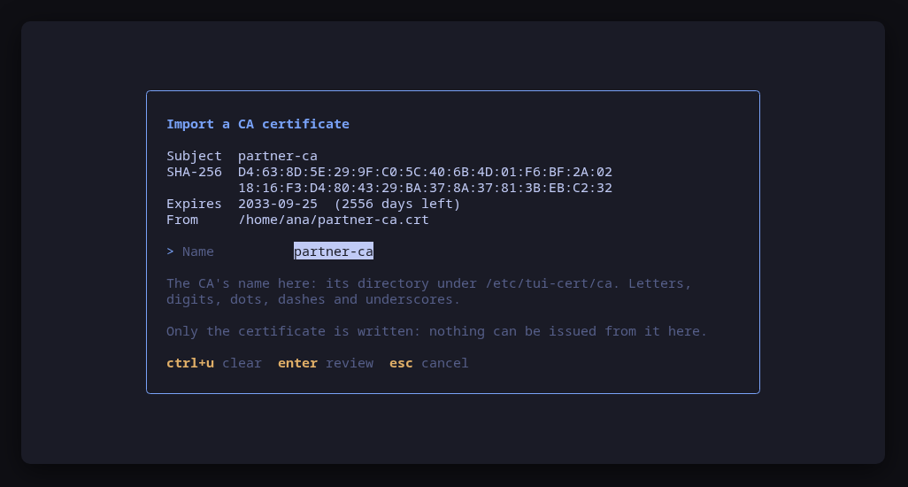 Importing a CA from another host: its fingerprint on the form where it is named