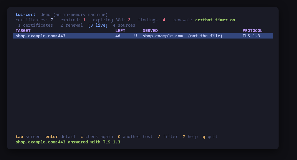 A live handshake: what the server is really serving, next to what is in the file