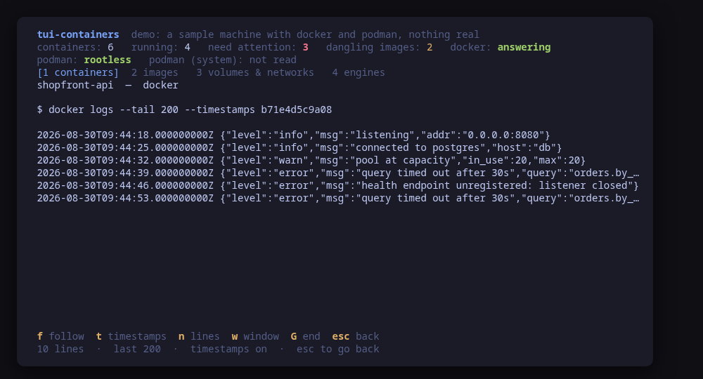 The log pane, naming the command that produced it, re-read on a timer rather than followed