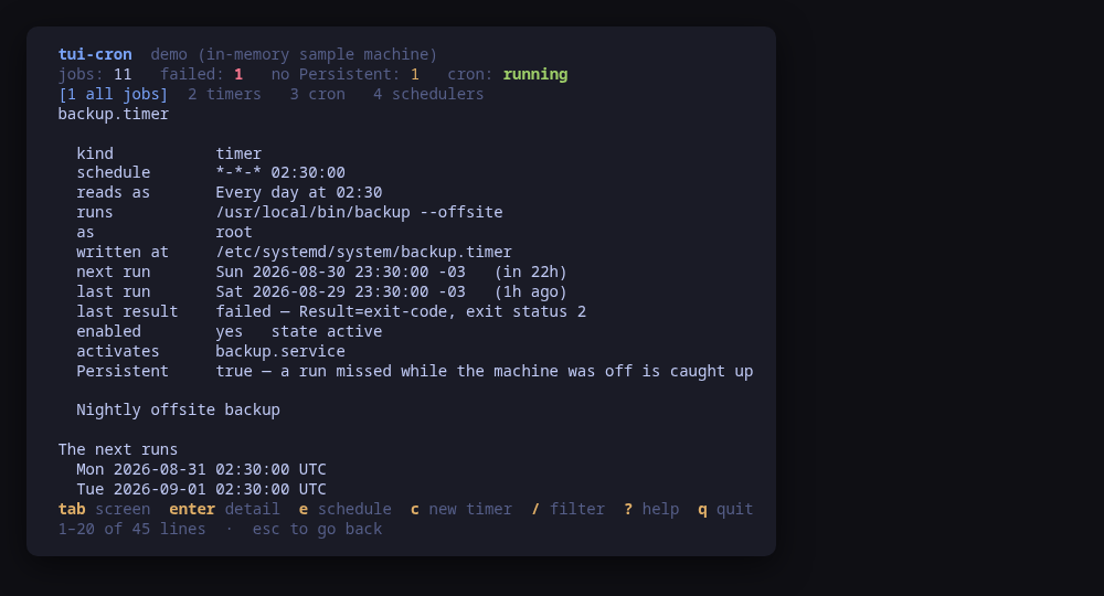 One job in full: the schedule in English, the next runs systemd computed, the unit as written, and its log
