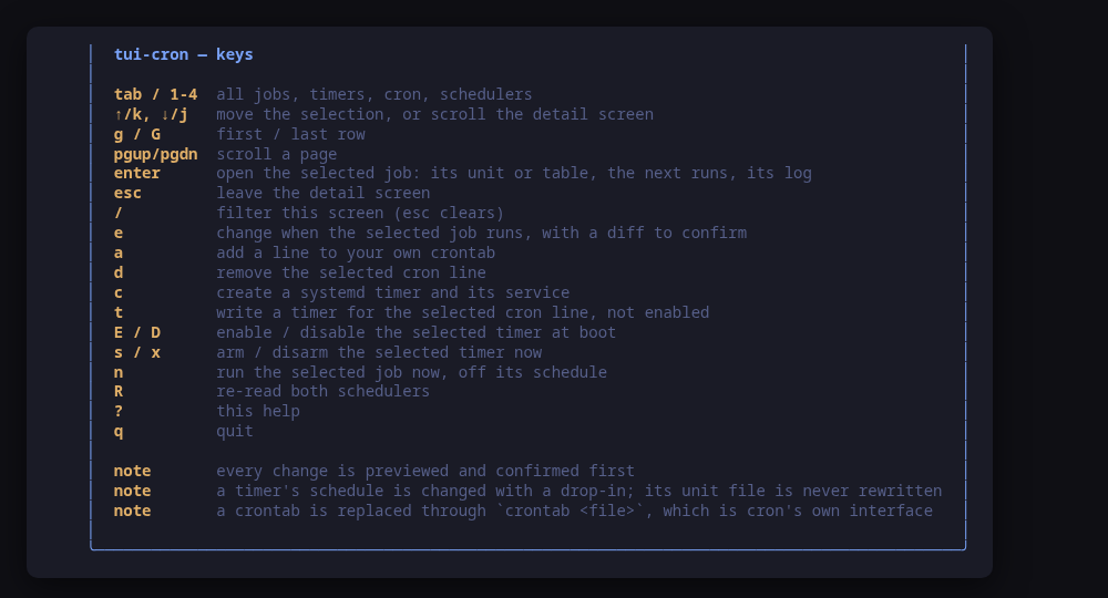 The help screen, generated from the same key table as the hint bar