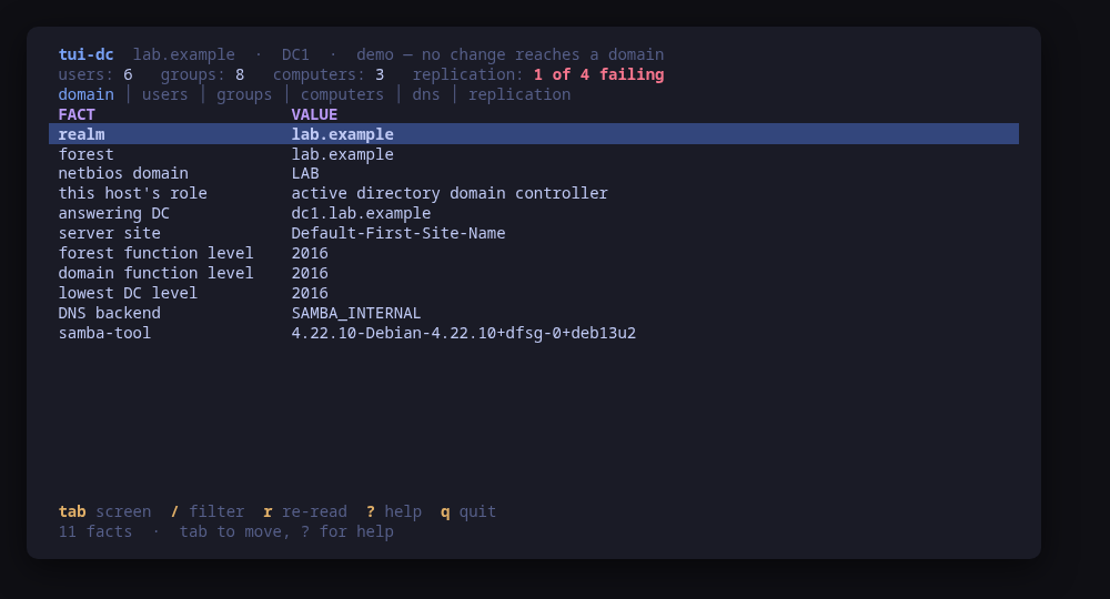 The domain screen: what the controller answered, what this host is, and the functional levels