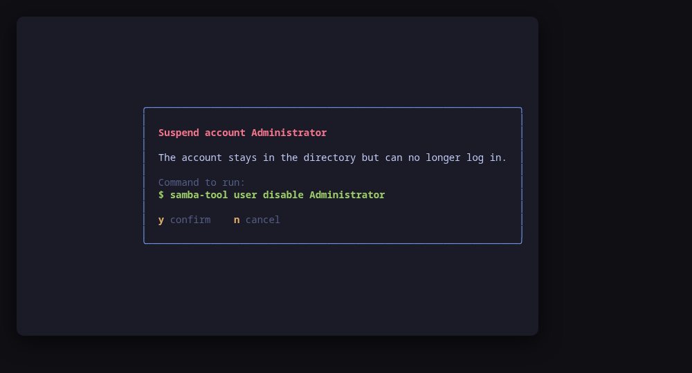 The confirm dialog, showing the exact samba-tool command before it runs