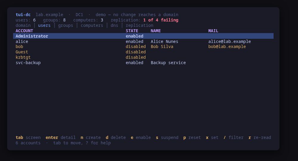 The accounts screen, with the state of each account read on demand