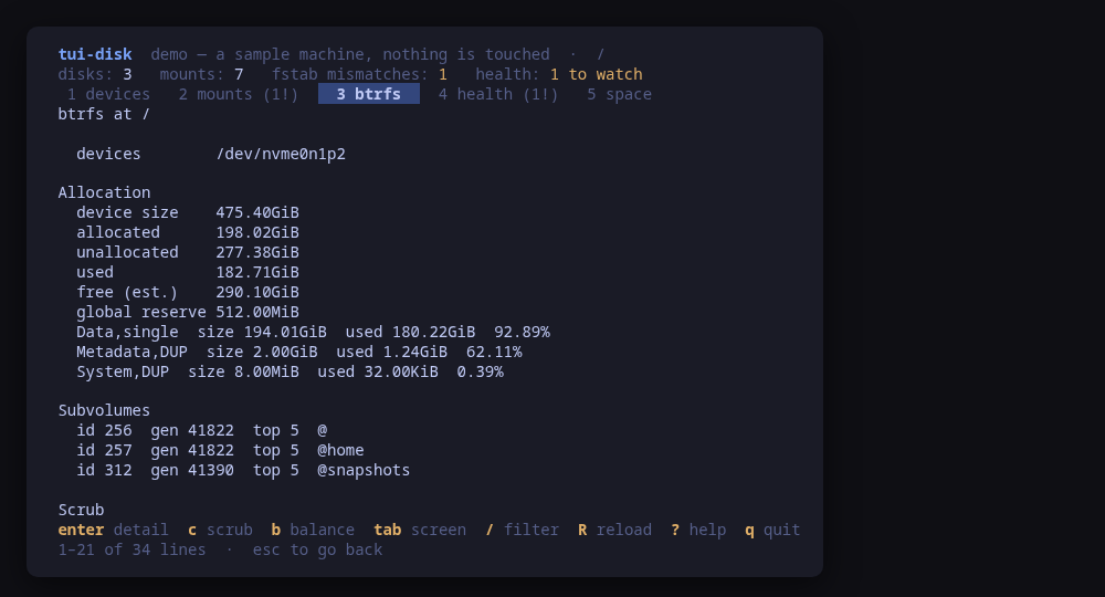 One btrfs filesystem: allocation, subvolumes, scrub, balance and the per-device error counters