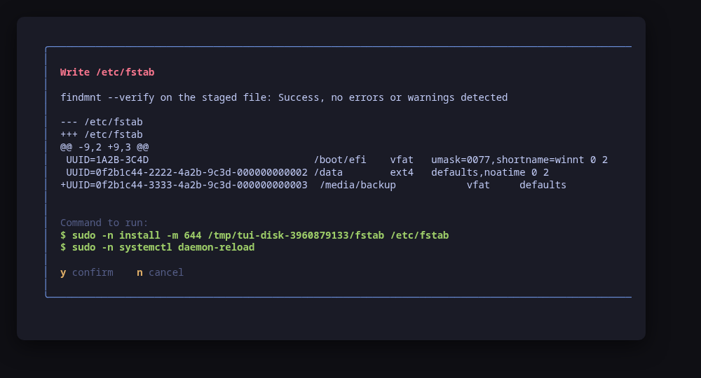 Writing that entry: findmnt verified the staged file, then the diff and the two commands that apply it