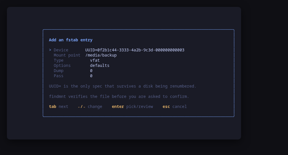 The guided fstab editor: a device by UUID, a mount point, a type and an options preset