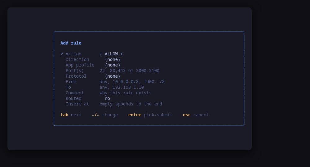 The add-rule form: action, direction, ports, protocol, source, destination