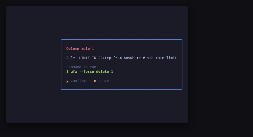 Deleting a rule: the exact ufw command line, shown before it runs