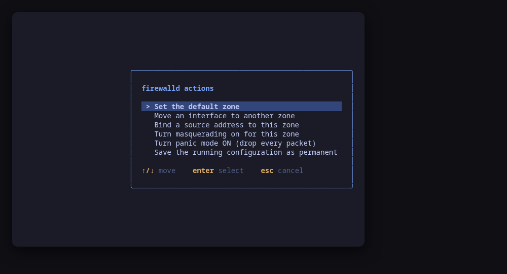 The firewalld actions menu: default zone, interfaces, masquerading, panic mode