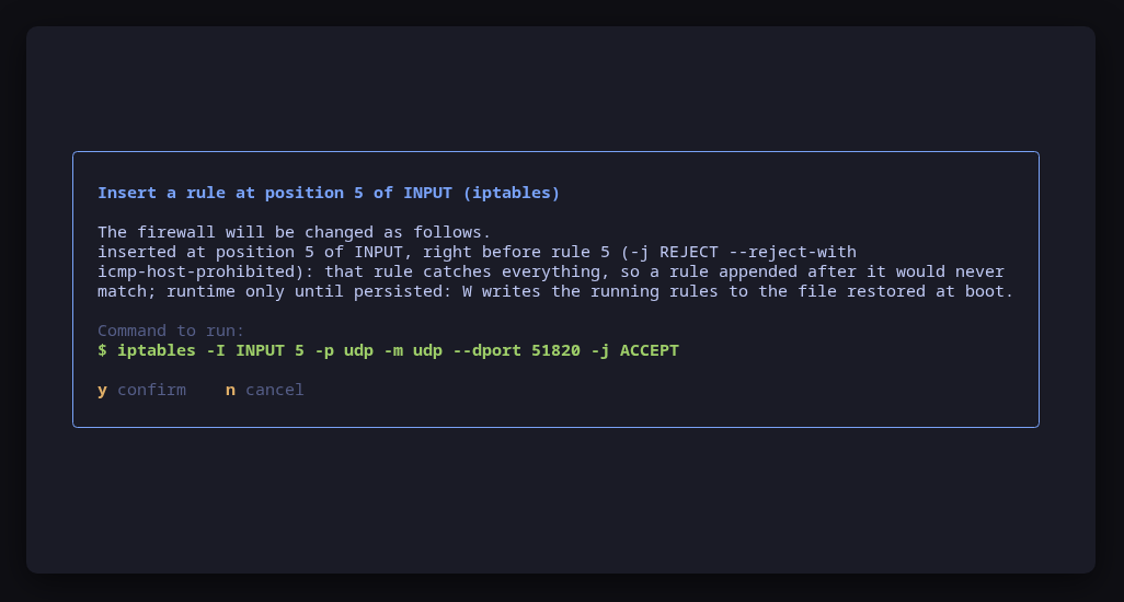 A new rule inserted right before the catch-all REJECT, with the position and the reason in the preview