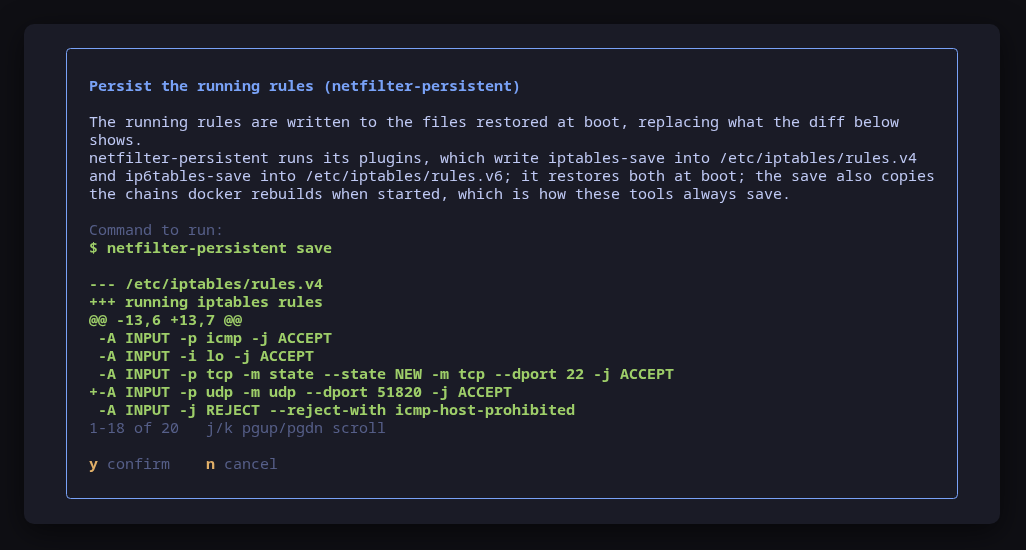 Persisting with netfilter-persistent, previewed with the diff against rules.v4