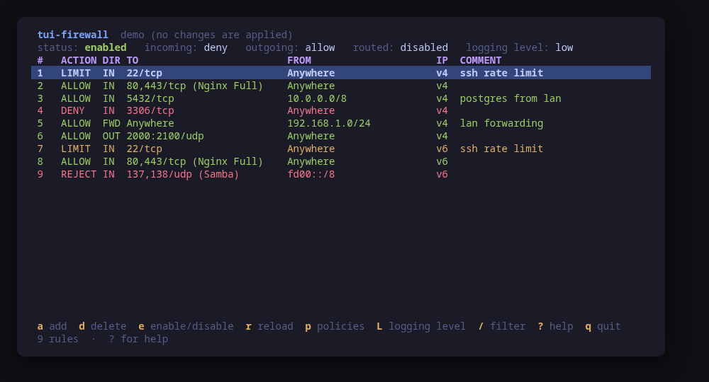 The rules table, with status, default policies and logging in the header