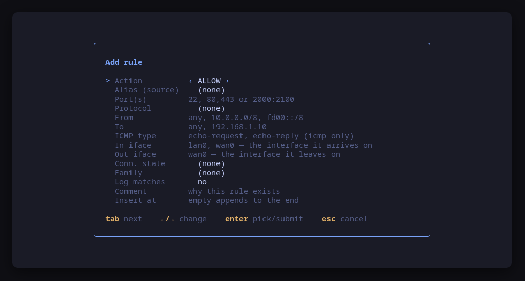 The add-rule form on nftables: connection state and inbound/outbound interface matches