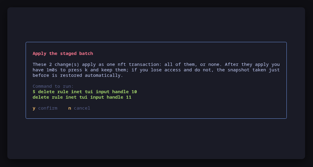 The atomic apply preview: the whole nft transaction, with a connectivity-safe rollback window