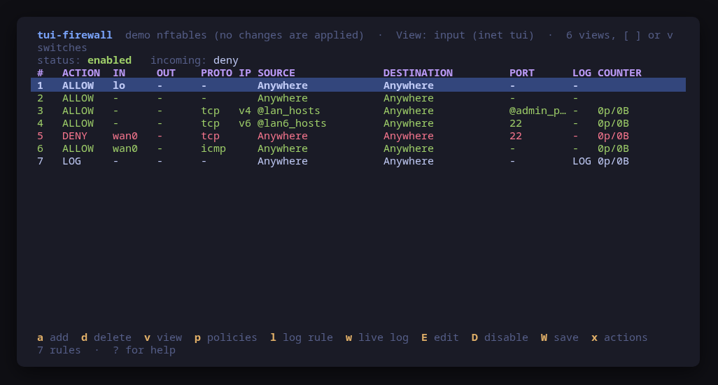 The nftables input chain read straight from nft, with interfaces, connection state and per-rule counters