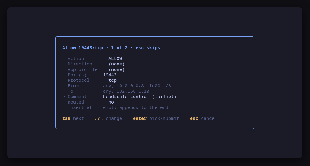 --open from another tool: the add form prefilled with the port, protocol and comment, still previewed and confirmed
