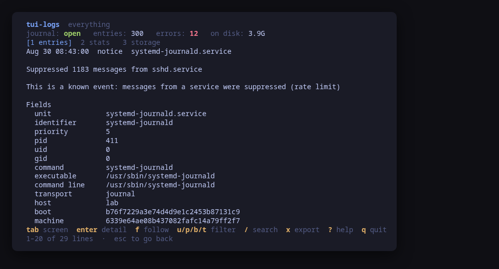 One entry in full: every field the journal carried, and the command that prints it again