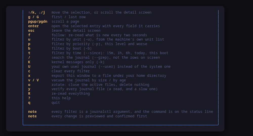 The help screen, generated from the same key table as the hint bar