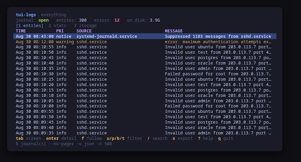 The journal, with the journalctl command behind what is on screen along the bottom
