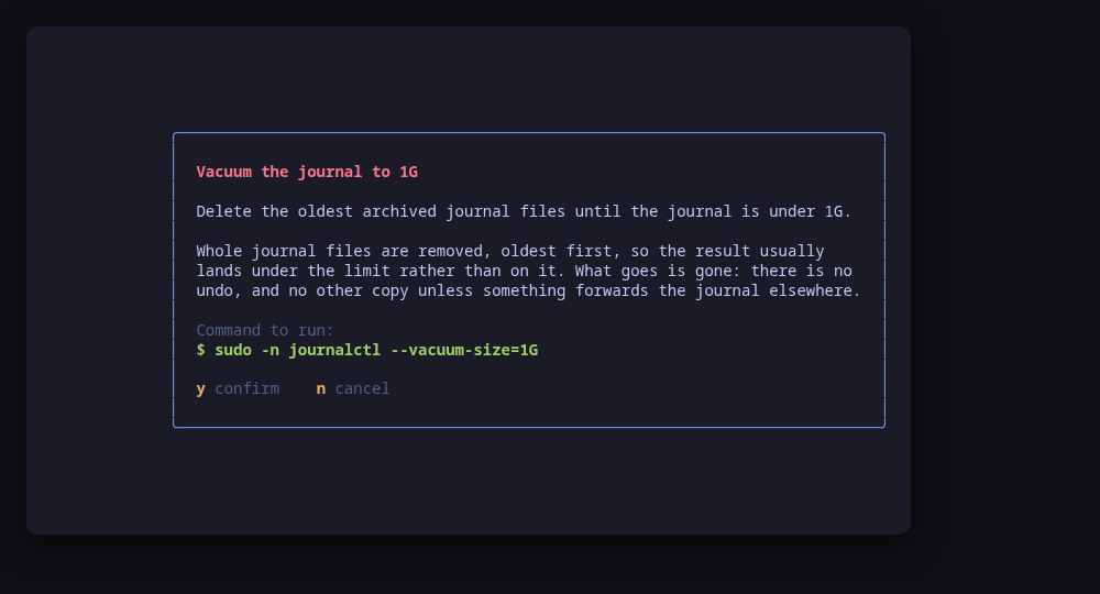 Shrinking the journal: the exact command, and what it removes, before anything runs