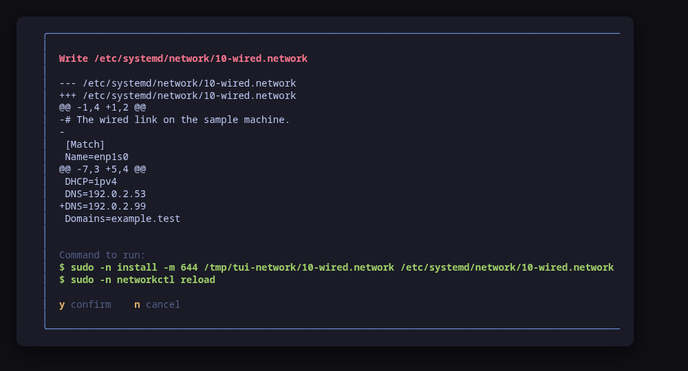 Writing that file: the unified diff, then the install and reload commands that apply it