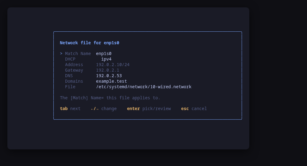 The guided .network editor: match, DHCP mode, static address, gateway, DNS and domains