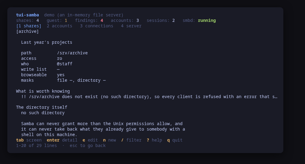 One share in full: the findings, the directory's own permissions and label, who has it open, and every effective parameter