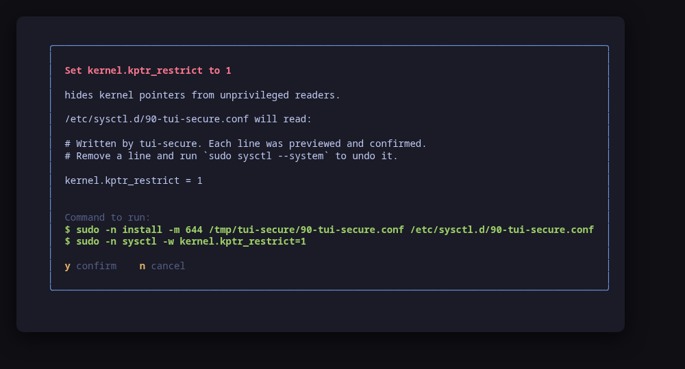 A fix, previewed: setting one kernel hardening key and the drop-in that makes it persist