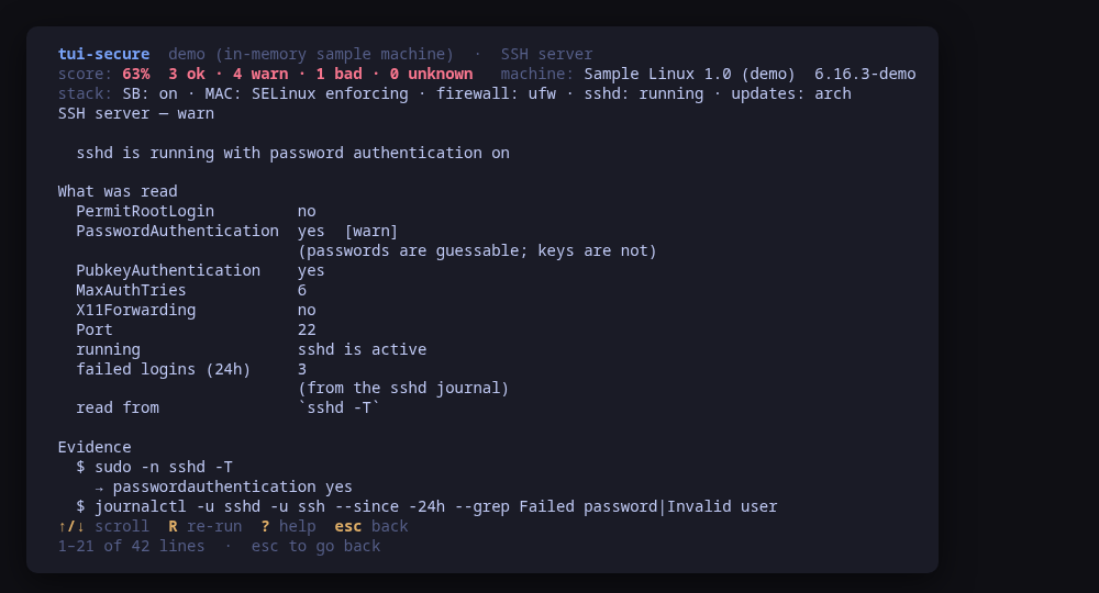 The sshd probe in full: the settings it judged, the command it read them with, and the raw output