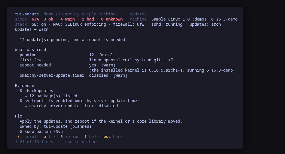 Pending updates, whether a reboot is needed, and the state of the unattended update timer