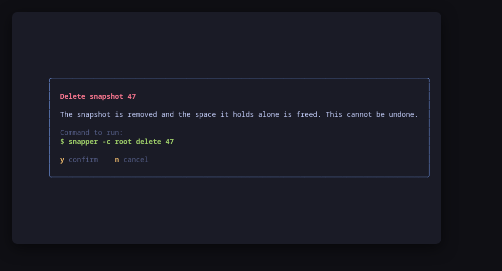 The confirm dialog, showing the exact snapper command line before it runs